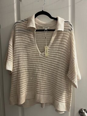 Max Studio Cream Open-Knit Collared V-Neck Sweater Size XL NWT